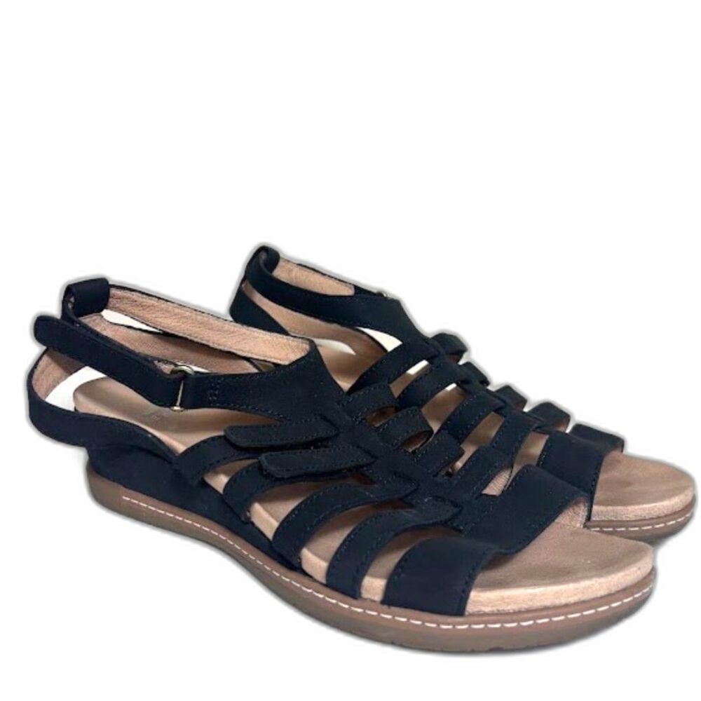 Dansko Athena Sandal size 38 Leather Strappy Wedge Suede Black comfort travel